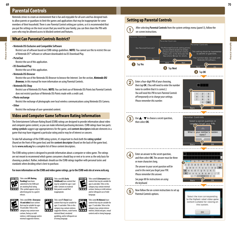 Parental controls, Setting up parental controls, What can parental controls restrict | Nintendo DSi XL User Manual | Page 36 / 56