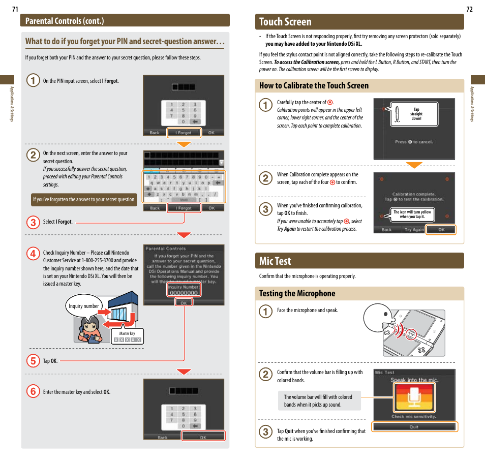Touch screen, Mic test, How to calibrate the touch screen | Testing the microphone | Nintendo DSi XL User Manual | Page 37 / 56