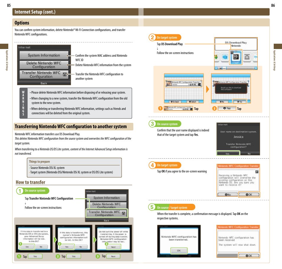Internet setup (cont.) options, How to transfer | Nintendo DSi XL User Manual | Page 44 / 56