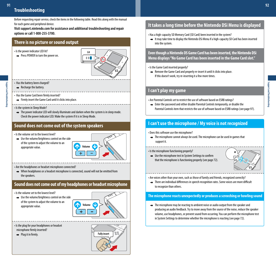 I can’t play my game, Troubleshooting, There is no picture or sound output | Sound does not come out of the system speakers | Nintendo DSi XL User Manual | Page 47 / 56