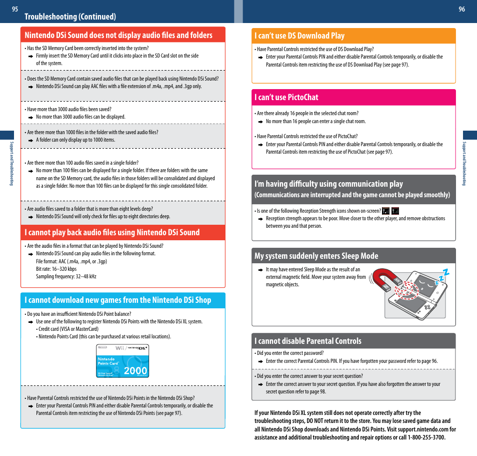 I can’t use ds download play, I can’t use pictochat, I’m having difficulty using communication play | My system suddenly enters sleep mode, I cannot disable parental controls | Nintendo DSi XL User Manual | Page 49 / 56