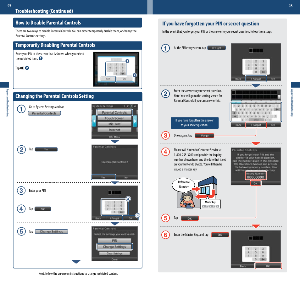 Temporarily disabling parental controls, Changing the parental controls setting, If you have forgotten your pin or secret question | Nintendo DSi XL User Manual | Page 50 / 56