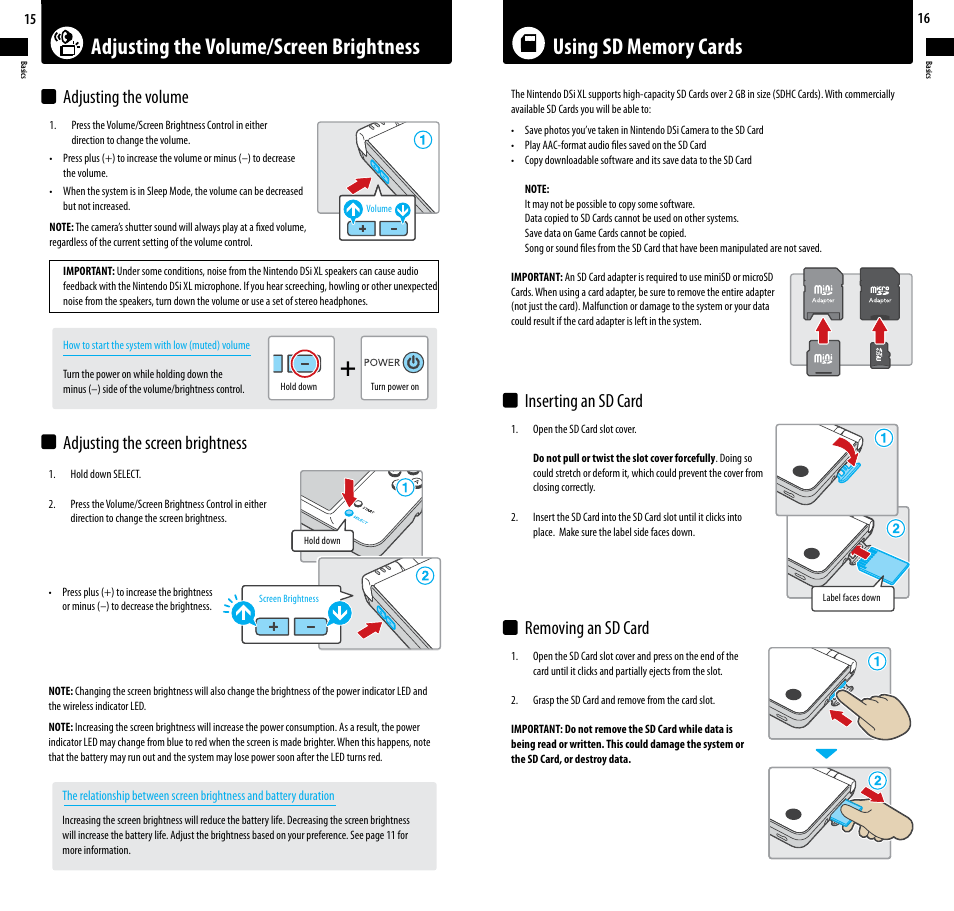 Inserting an sd card removing an sd card | Nintendo DSi XL User Manual | Page 9 / 56