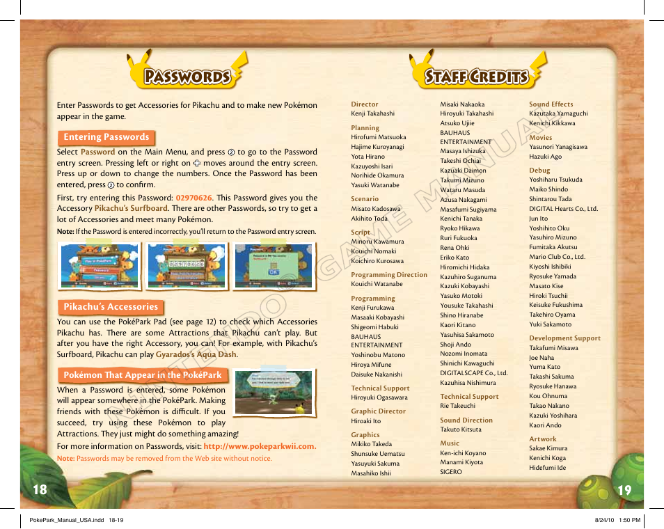 Passwords, Staff credits | Nintendo PokePark Pikachu's Adventure 71573A User Manual | Page 11 / 32