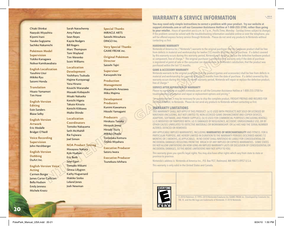 Warranty & service information | Nintendo PokePark Pikachu's Adventure 71573A User Manual | Page 12 / 32