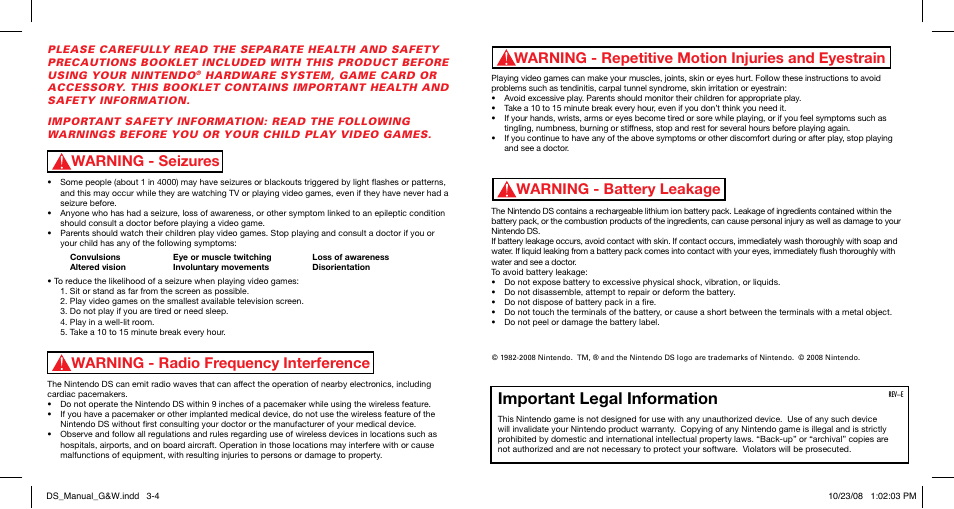 Important legal information, Warning - seizures, Warning - radio frequency interference | Warning - repetitive motion injuries and eyestrain, Warning - battery leakage | Nintendo Game and Watch Collection 67376A User Manual | Page 2 / 6