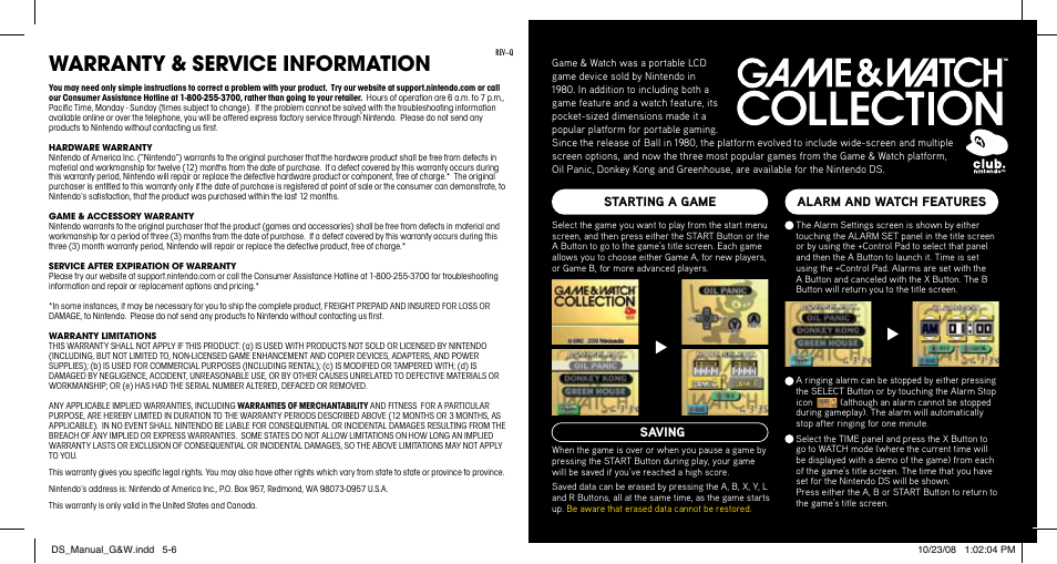 Warranty & service information | Nintendo Game and Watch Collection 67376A User Manual | Page 3 / 6