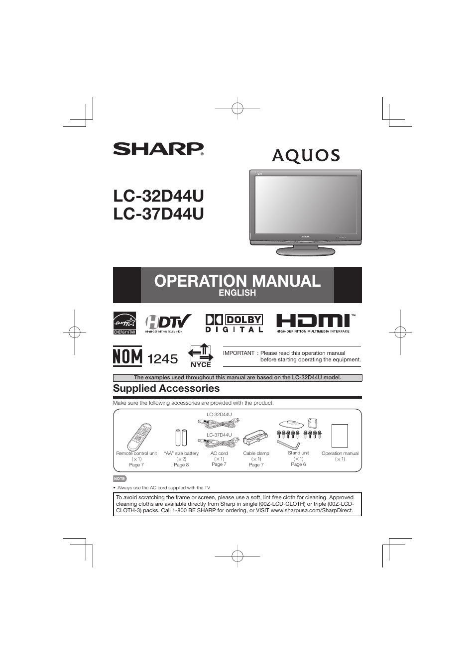 Nintendo Aquos LC-32D44U User Manual | 32 pages