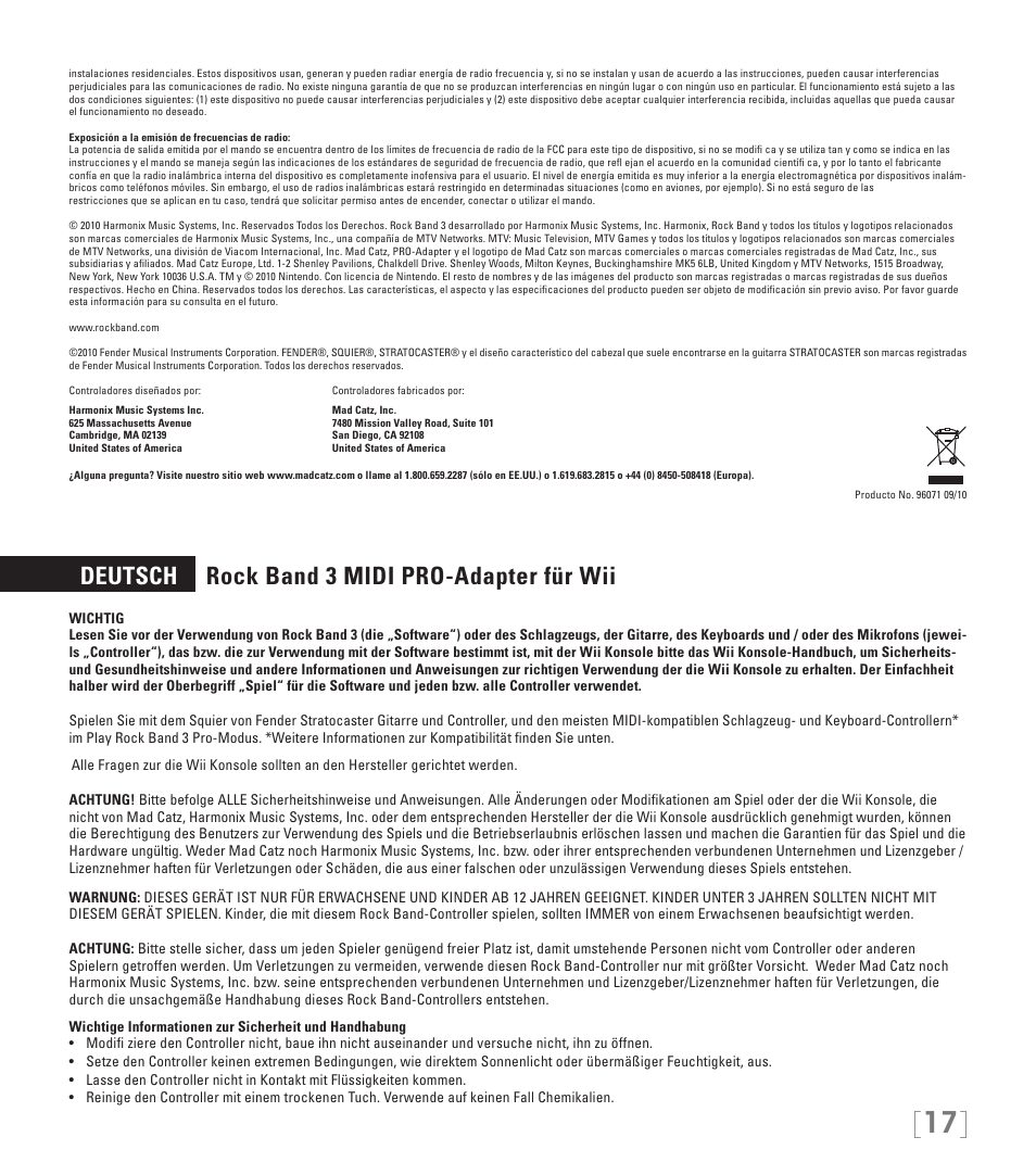 Deutsch rock band 3 midi pro-adapter für wii | Rock Band MIDI PRO-ADAPTER Rock Band 3 for Wii User Manual | Page 17 / 34