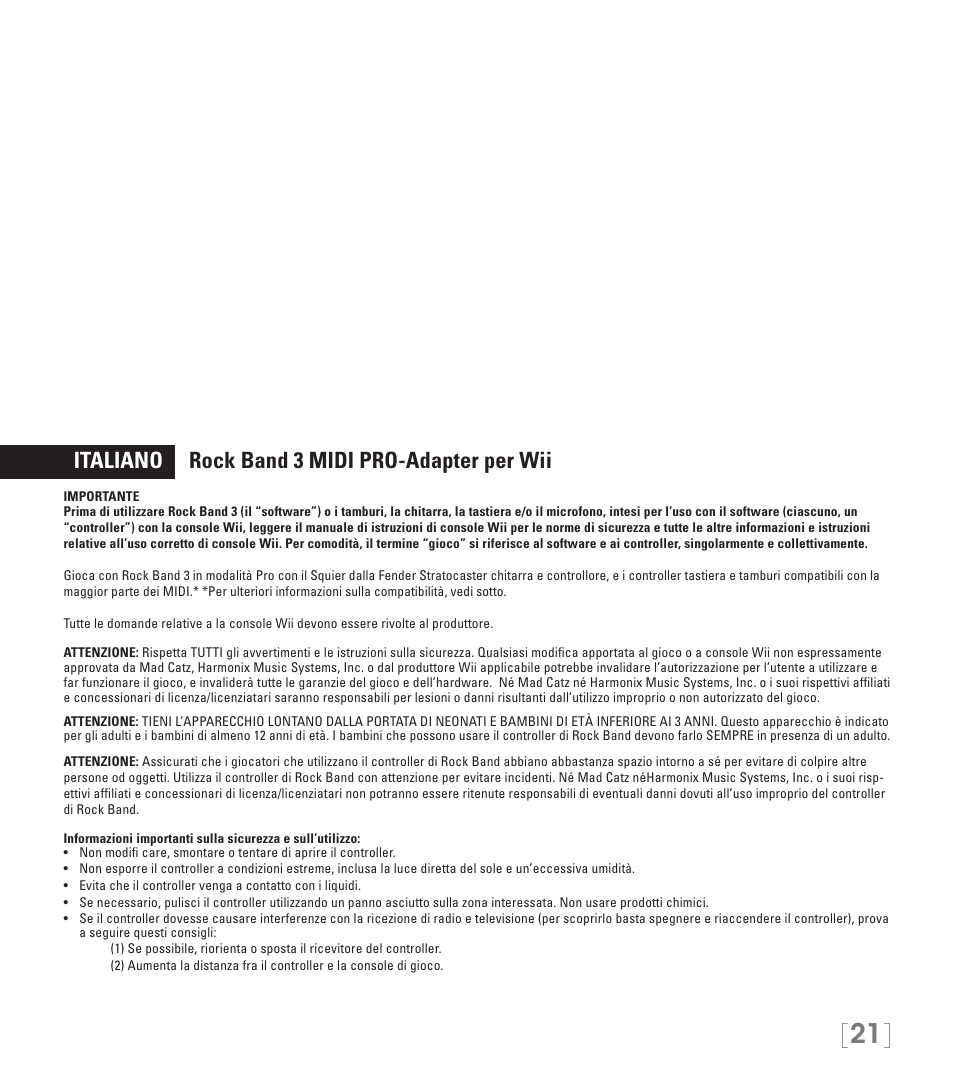 Italiano rock band 3 midi pro-adapter per wii | Rock Band MIDI PRO-ADAPTER Rock Band 3 for Wii User Manual | Page 21 / 34
