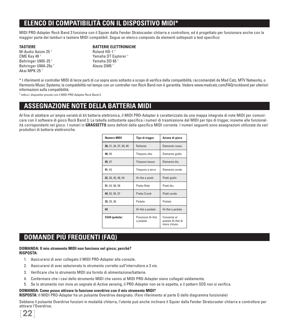 Elenco di compatibilità con il dispositivo midi, Domande più frequenti (faq) | Rock Band MIDI PRO-ADAPTER Rock Band 3 for Wii User Manual | Page 22 / 34