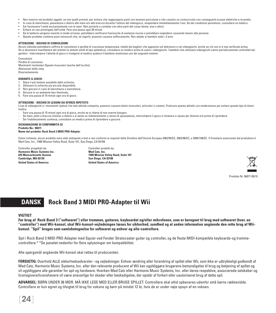 Dansk rock band 3 midi pro-adapter til wii | Rock Band MIDI PRO-ADAPTER Rock Band 3 for Wii User Manual | Page 24 / 34