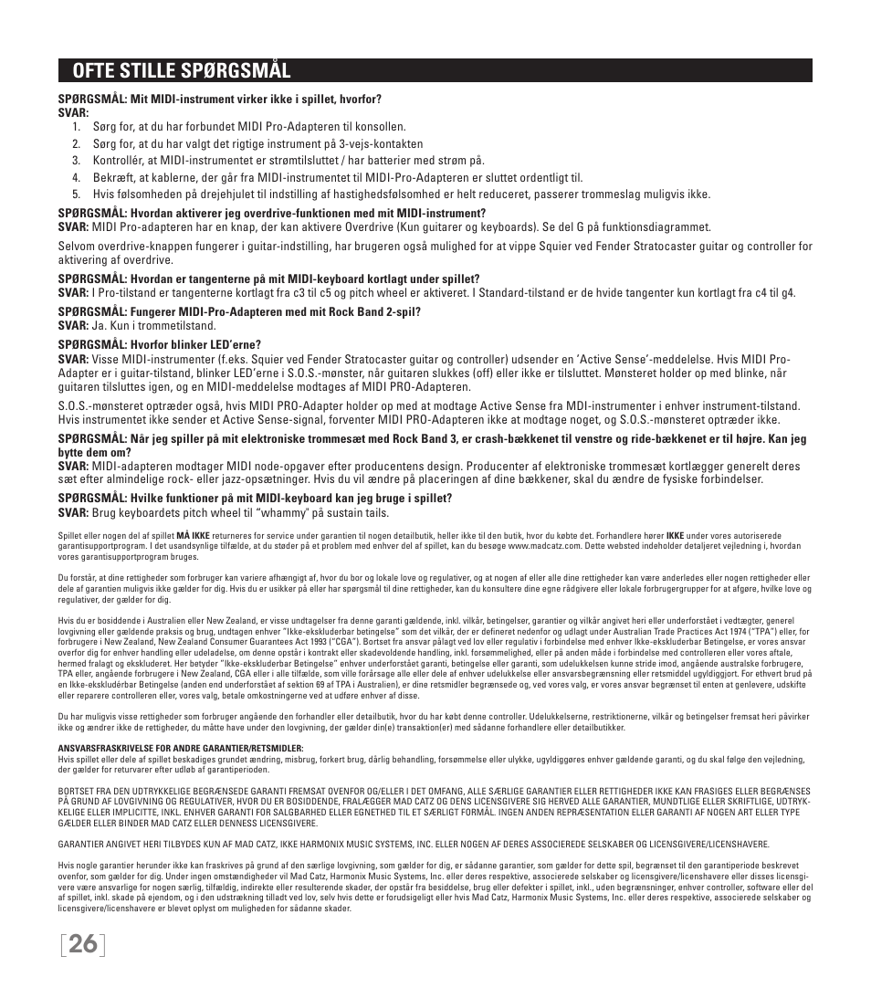 Ofte stille spørgsmål | Rock Band MIDI PRO-ADAPTER Rock Band 3 for Wii User Manual | Page 26 / 34