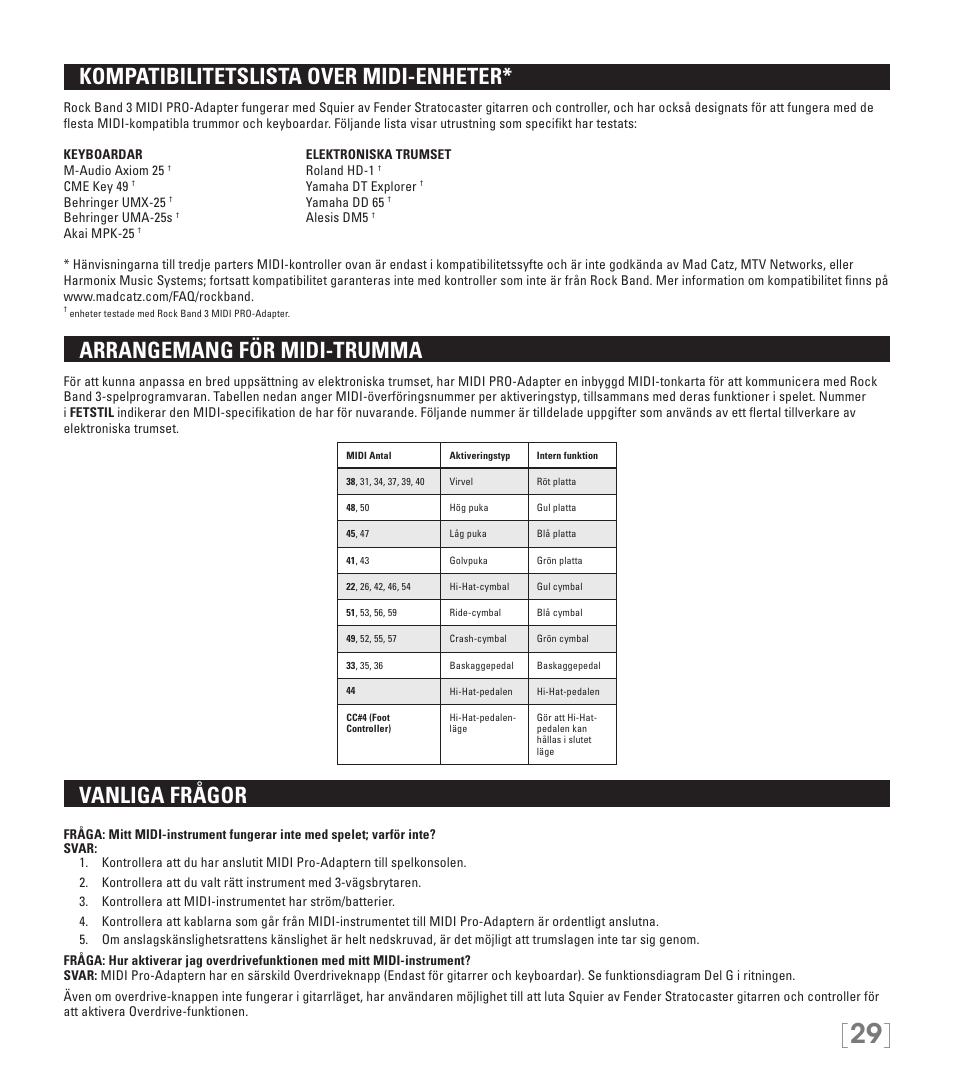 Kompatibilitetslista over midi-enheter, Arrangemang för midi-trumma, Vanliga frågor | Rock Band MIDI PRO-ADAPTER Rock Band 3 for Wii User Manual | Page 29 / 34