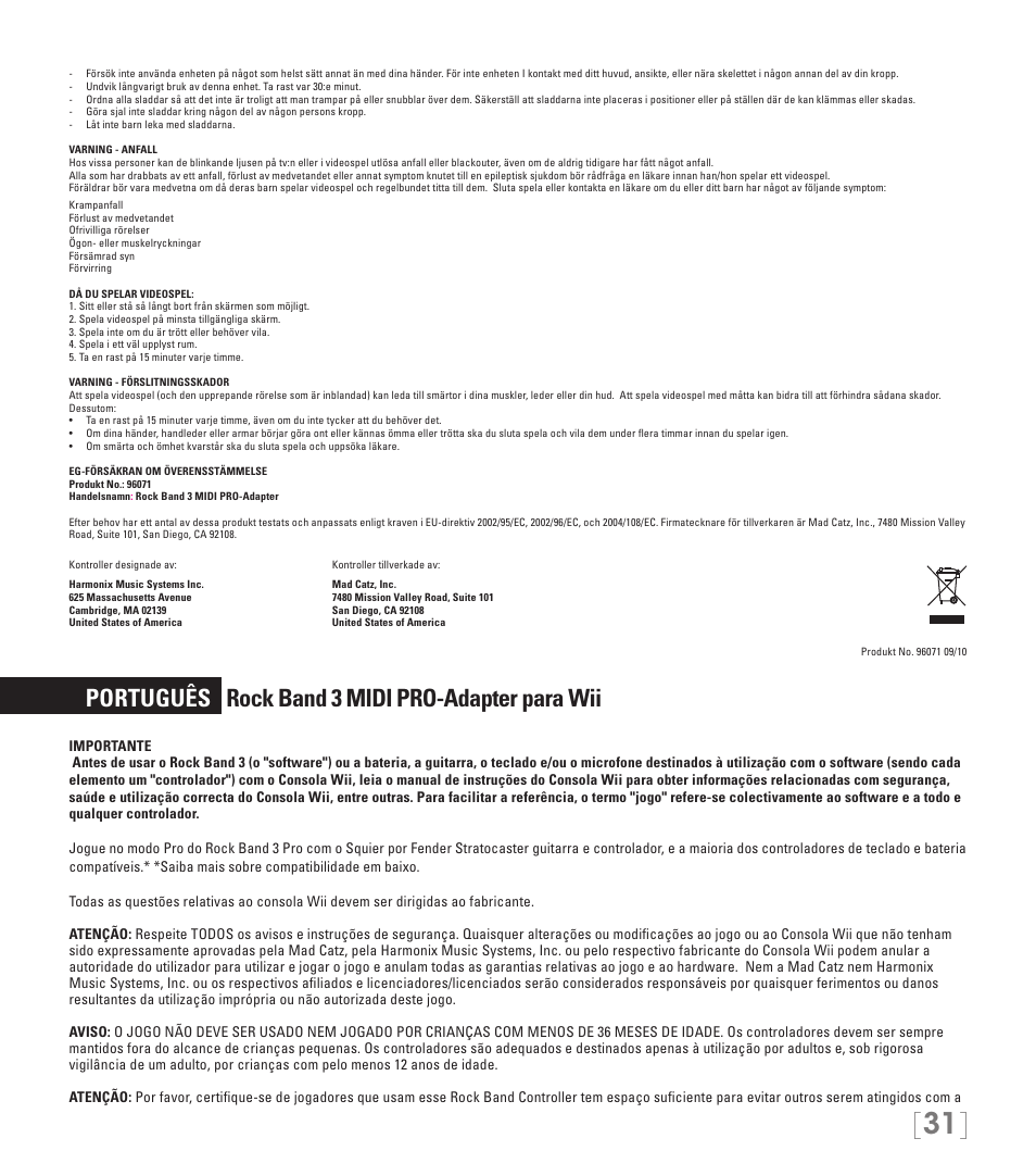 Português rock band 3 midi pro-adapter para wii | Rock Band MIDI PRO-ADAPTER Rock Band 3 for Wii User Manual | Page 31 / 34