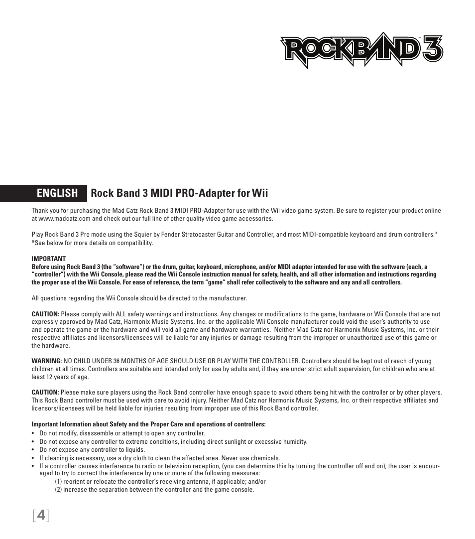 English rock band 3 midi pro-adapter for wii | Rock Band MIDI PRO-ADAPTER Rock Band 3 for Wii User Manual | Page 4 / 34