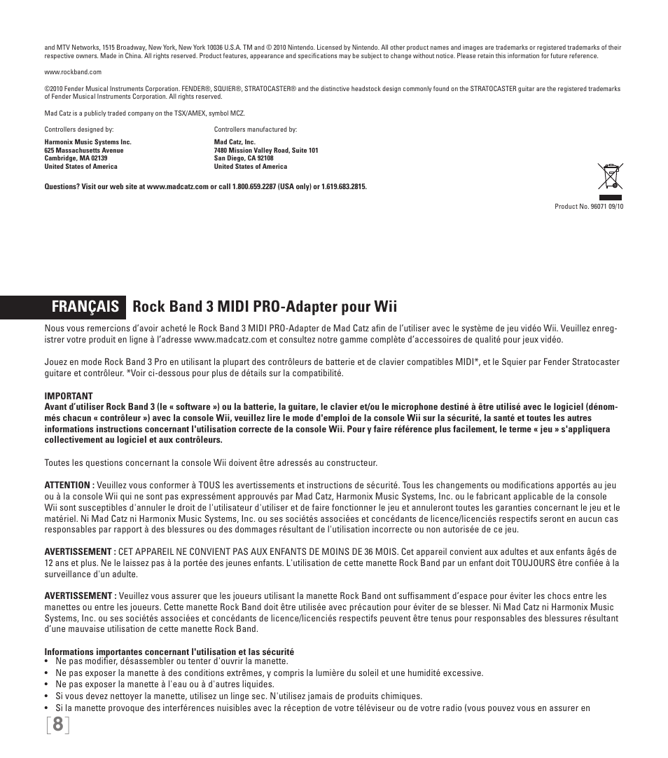 Français rock band 3 midi pro-adapter pour wii | Rock Band MIDI PRO-ADAPTER Rock Band 3 for Wii User Manual | Page 8 / 34