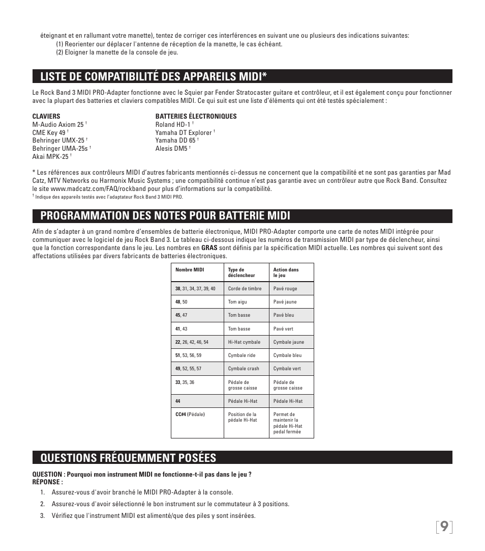 Liste de compatibilité des appareils midi, Questions fréquemment posées | Rock Band MIDI PRO-ADAPTER Rock Band 3 for Wii User Manual | Page 9 / 34