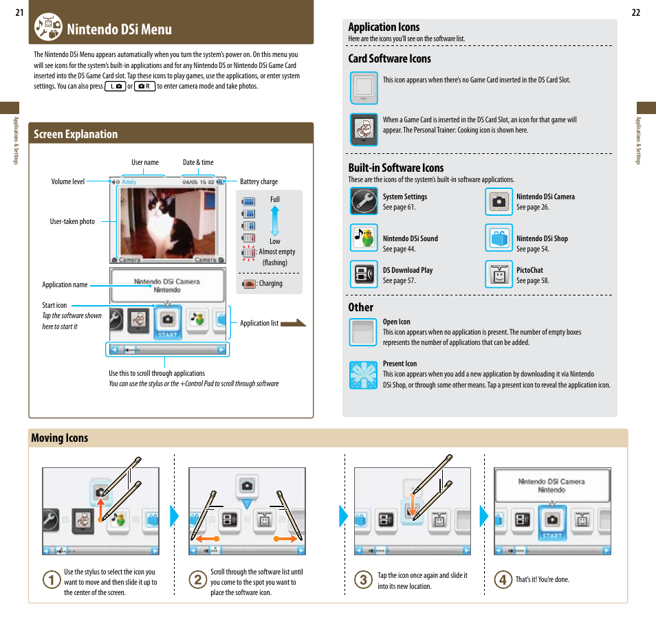 Nintendo dsi menu, Screen explanation, Moving icons | Application icons, Card software icons, Built-in software icons, Other | Nintendo DSi User Manual | Page 12 / 55