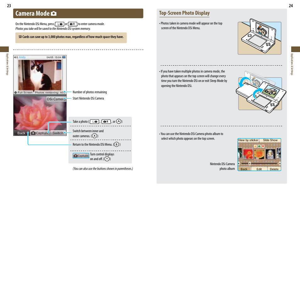 Camera mode, Top-screen photo display | Nintendo DSi User Manual | Page 13 / 55