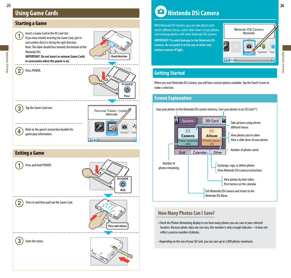 Nintendo dsi camera, Using game cards, Getting started | Screen explanation, Starting a game, Exiting a game, How many photos can i save | Nintendo DSi User Manual | Page 14 / 55