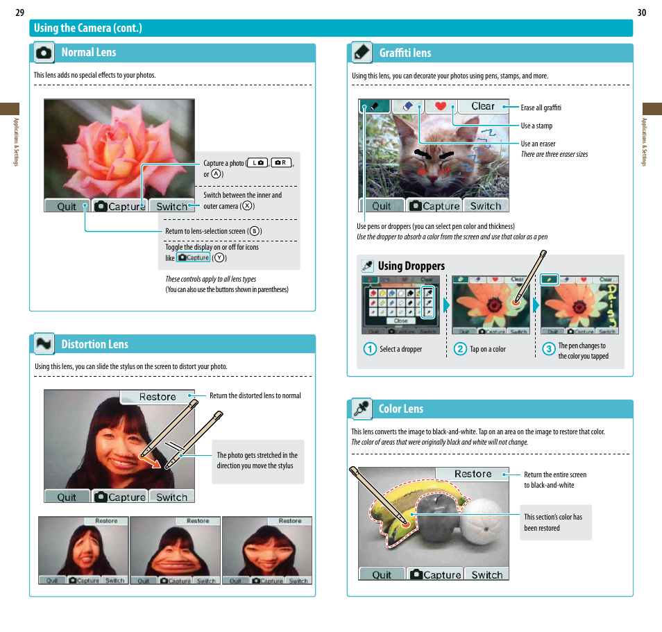 Using the camera (cont.) normal lens, Distortion lens, Color lens | Graffiti lens, Using droppers | Nintendo DSi User Manual | Page 16 / 55