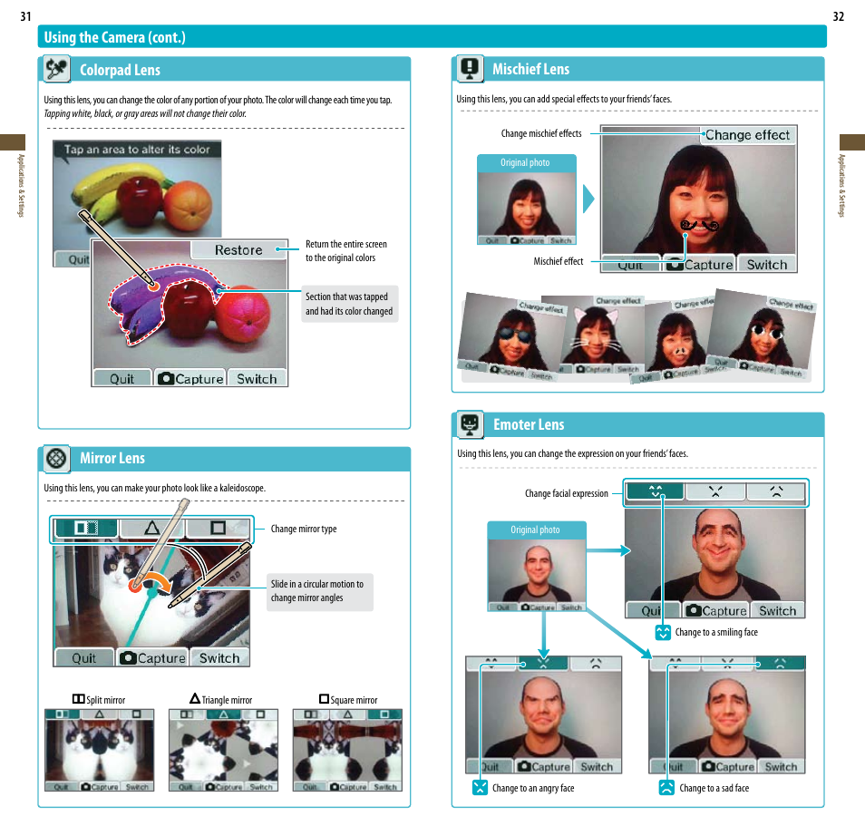 Using the camera (cont.) colorpad lens, Mirror lens, Mischief lens | Emoter lens | Nintendo DSi User Manual | Page 17 / 55