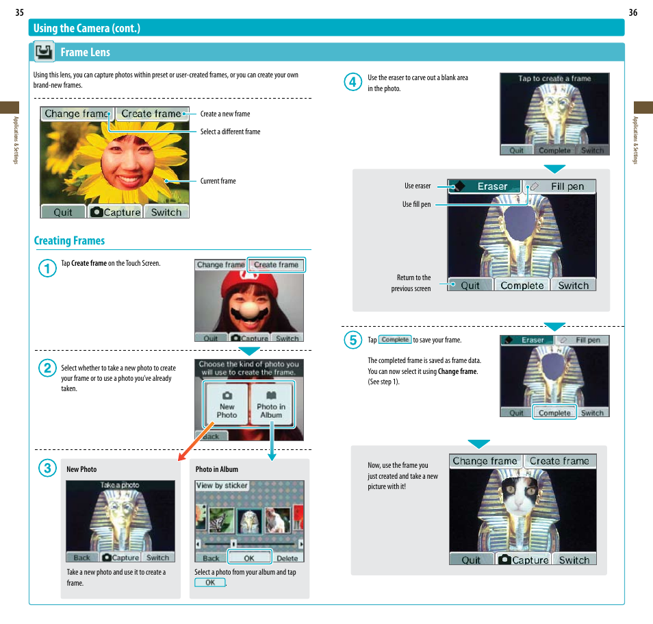 Using the camera (cont.) frame lens, Creating frames | Nintendo DSi User Manual | Page 19 / 55