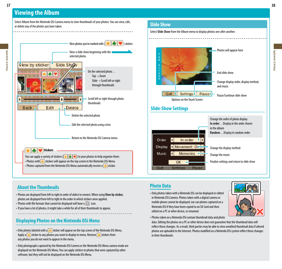 Viewing the album, About the thumbnails, Displaying photos on the nintendo dsi menu | Photo data, Slide show, Slide-show settings | Nintendo DSi User Manual | Page 20 / 55