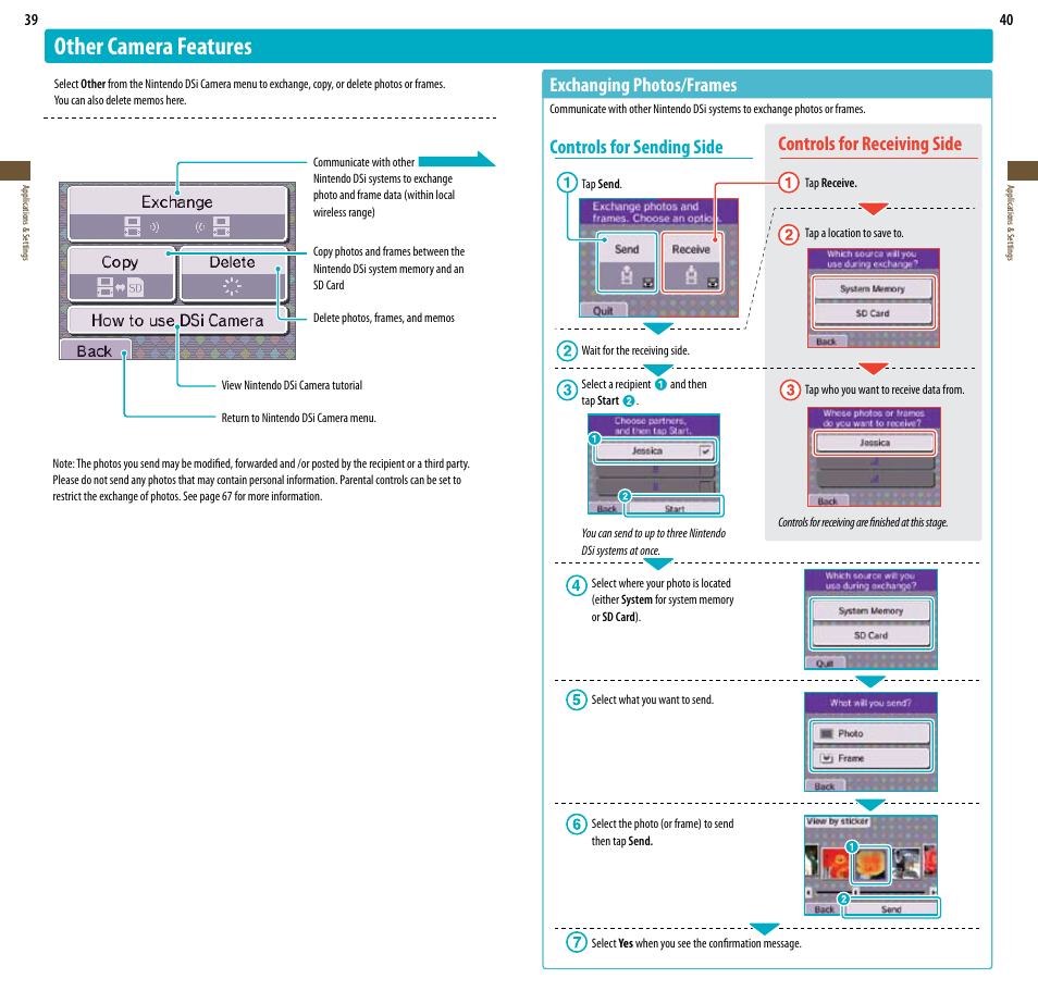 Other camera features, Exchanging photos/frames, Controls for sending side | Controls for receiving side | Nintendo DSi User Manual | Page 21 / 55