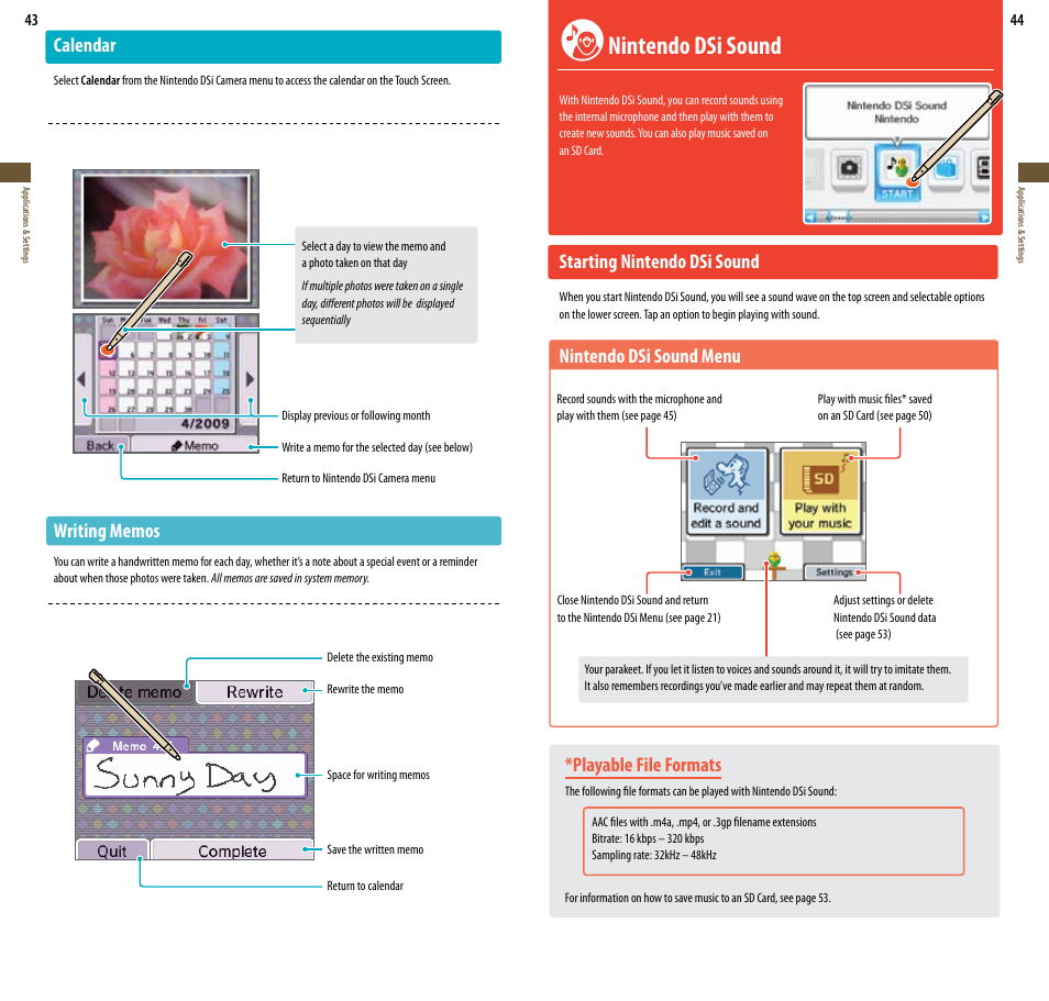 Nintendo dsi sound, Calendar, Playable file formats | Starting nintendo dsi sound, Nintendo dsi sound menu | Nintendo DSi User Manual | Page 23 / 55