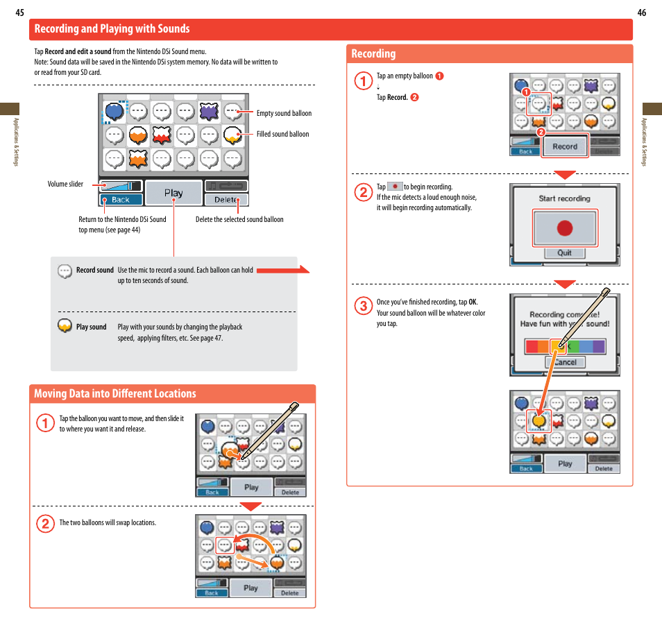 Moving data into different locations, Recording and playing with sounds, Recording | Nintendo DSi User Manual | Page 24 / 55