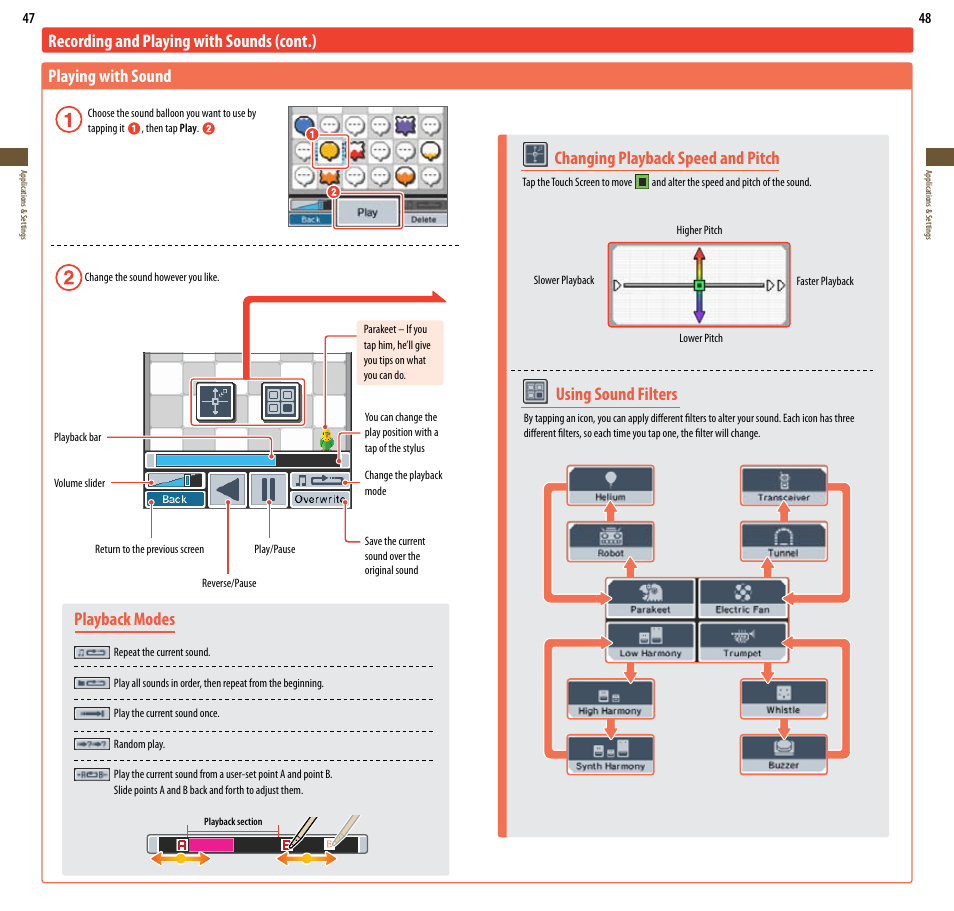 Using sound filters, Changing playback speed and pitch, Playback modes | Nintendo DSi User Manual | Page 25 / 55