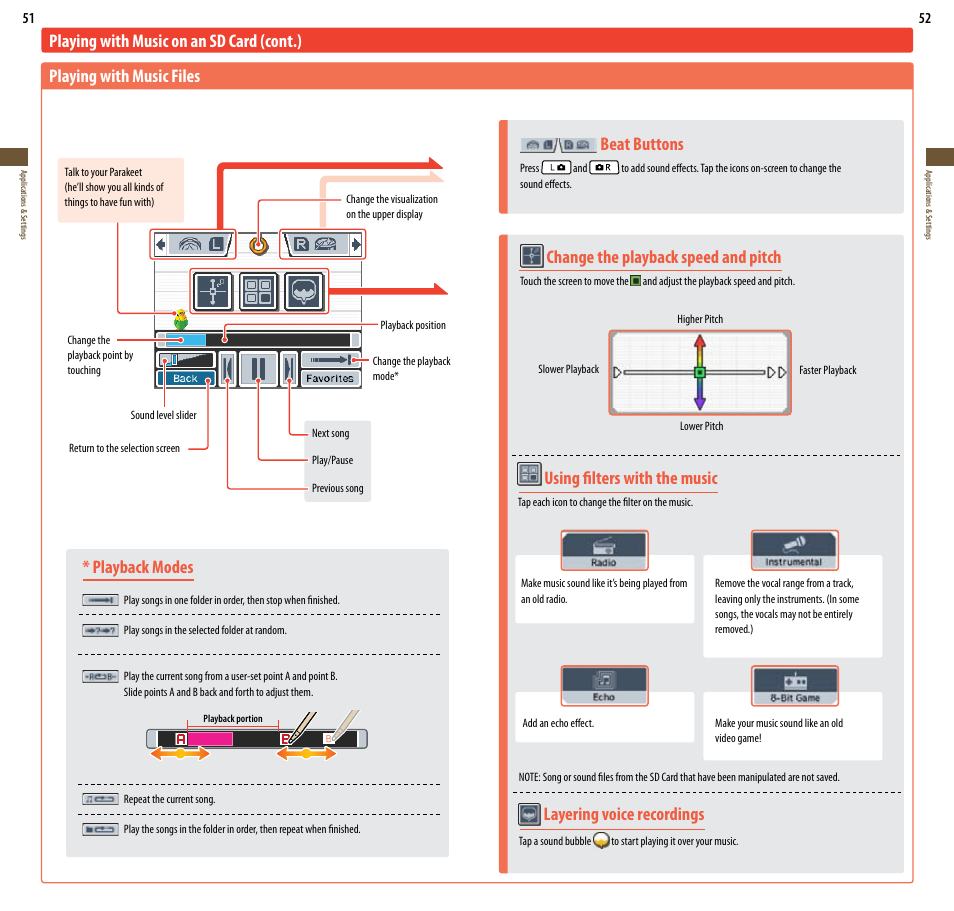 Playback modes, Layering voice recordings, Beat buttons | Change the playback speed and pitch, Using filters with the music | Nintendo DSi User Manual | Page 27 / 55