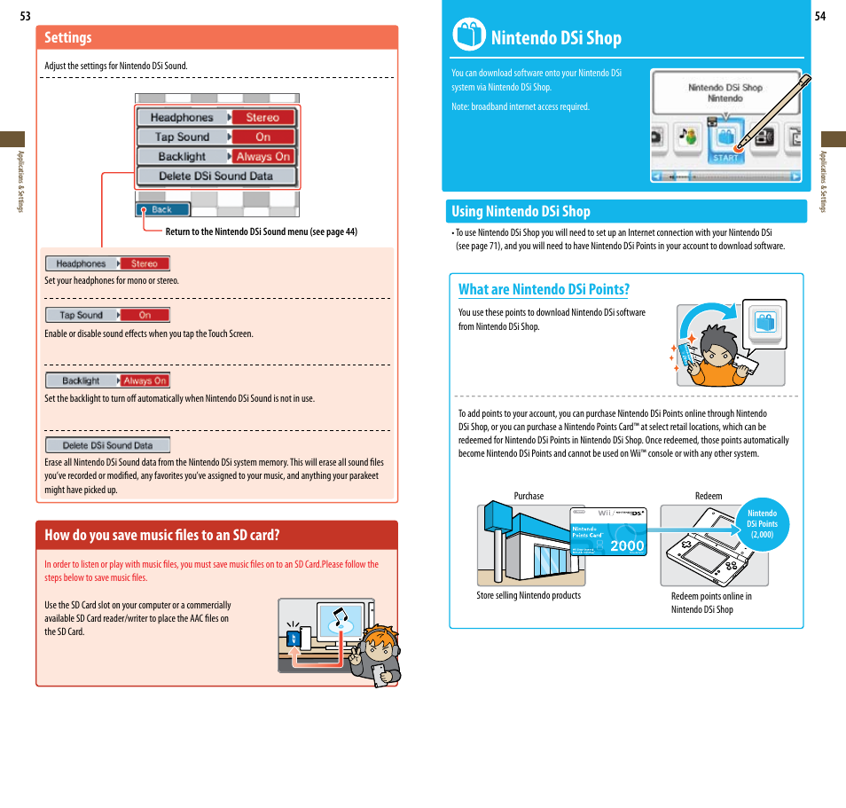 Nintendo dsi shop, Settings, How do you save music files to an sd card | Using nintendo dsi shop, What are nintendo dsi points | Nintendo DSi User Manual | Page 28 / 55