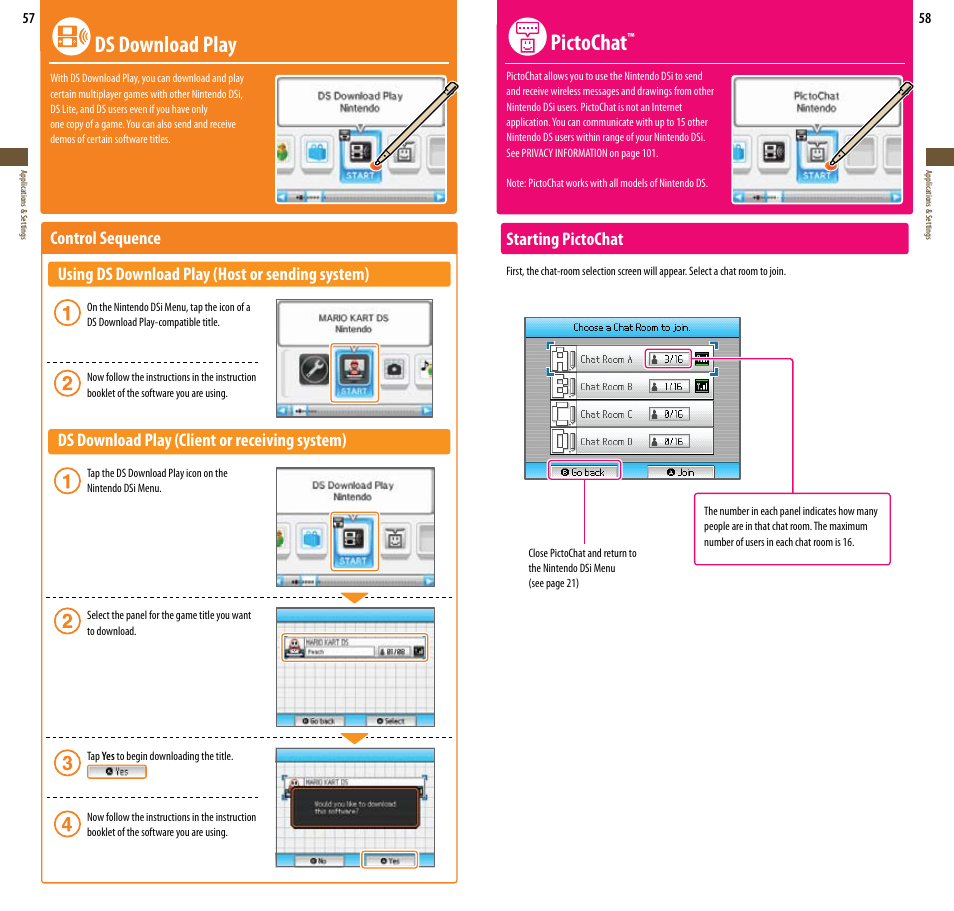 Ds download play, Pictochat, Ds download play (client or receiving system) | Starting pictochat | Nintendo DSi User Manual | Page 30 / 55