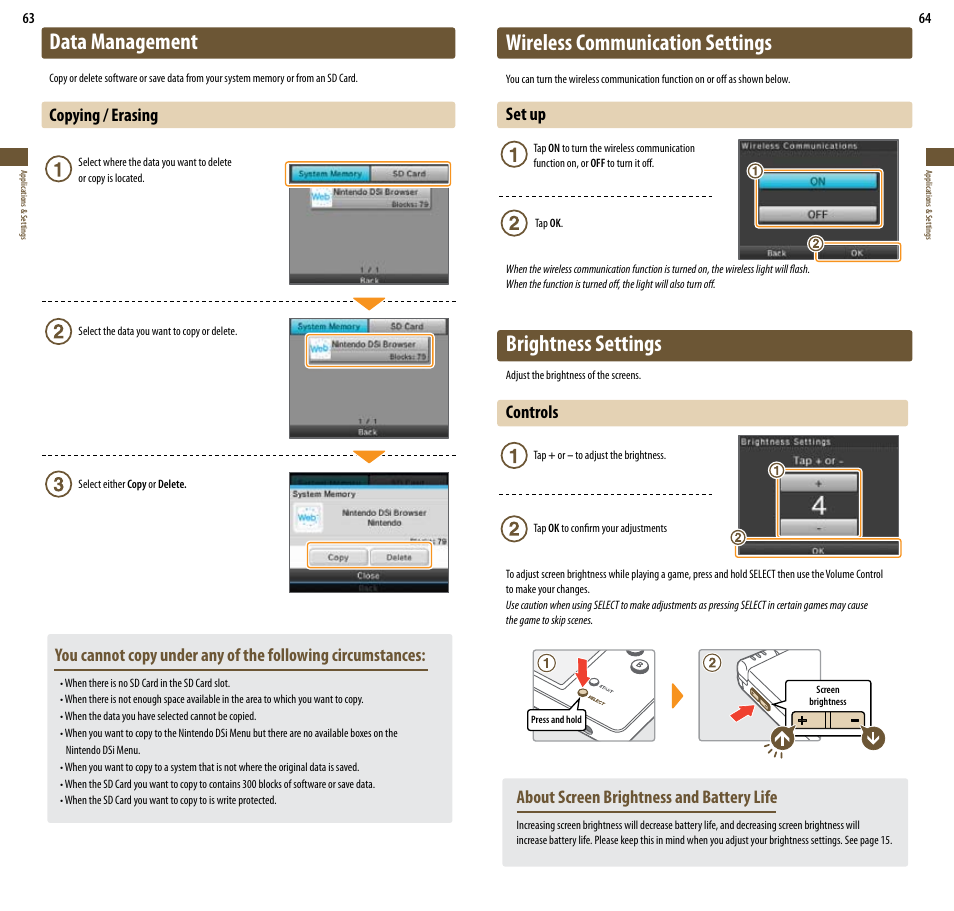 Data management, Wireless communication settings, Brightness settings | Copying / erasing, Set up, Controls, About screen brightness and battery life | Nintendo DSi User Manual | Page 33 / 55