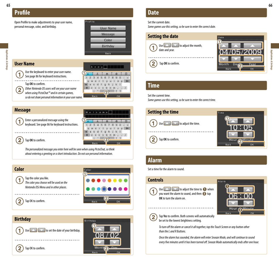 Profile, Date, Time | Alarm, User name, Message, Color, Birthday, Setting the date, Setting the time | Nintendo DSi User Manual | Page 34 / 55