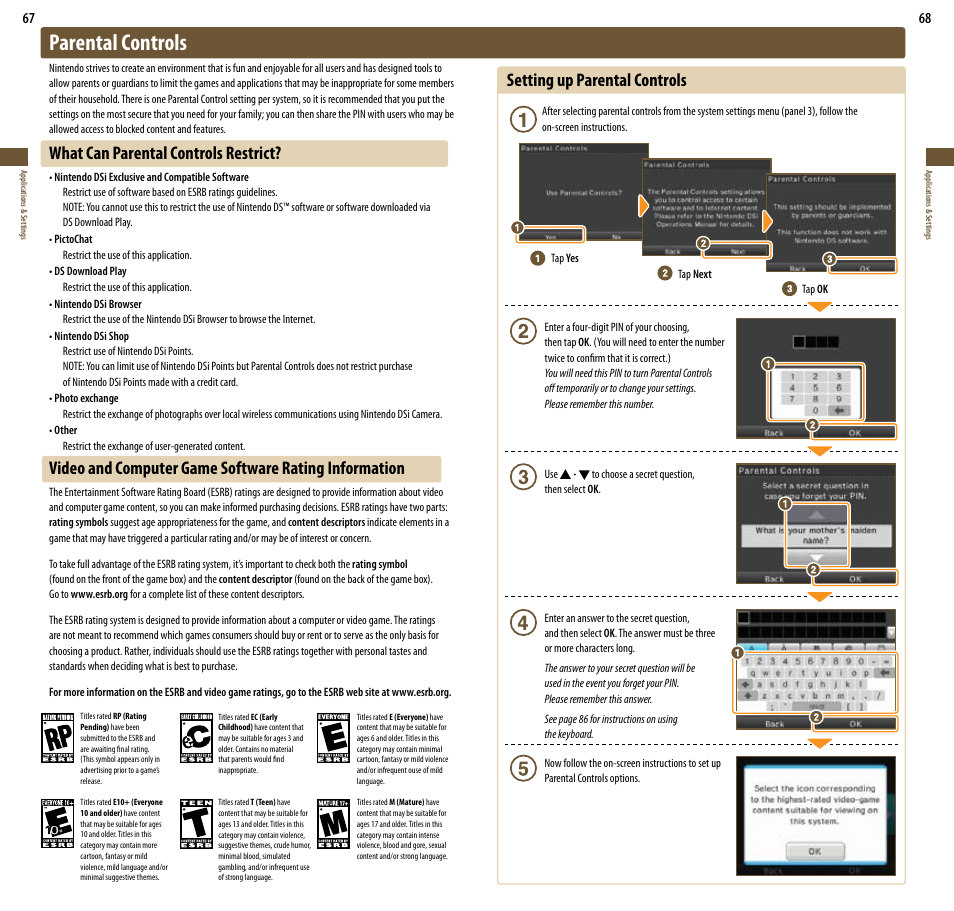 Parental controls, Setting up parental controls, What can parental controls restrict | Nintendo DSi User Manual | Page 35 / 55