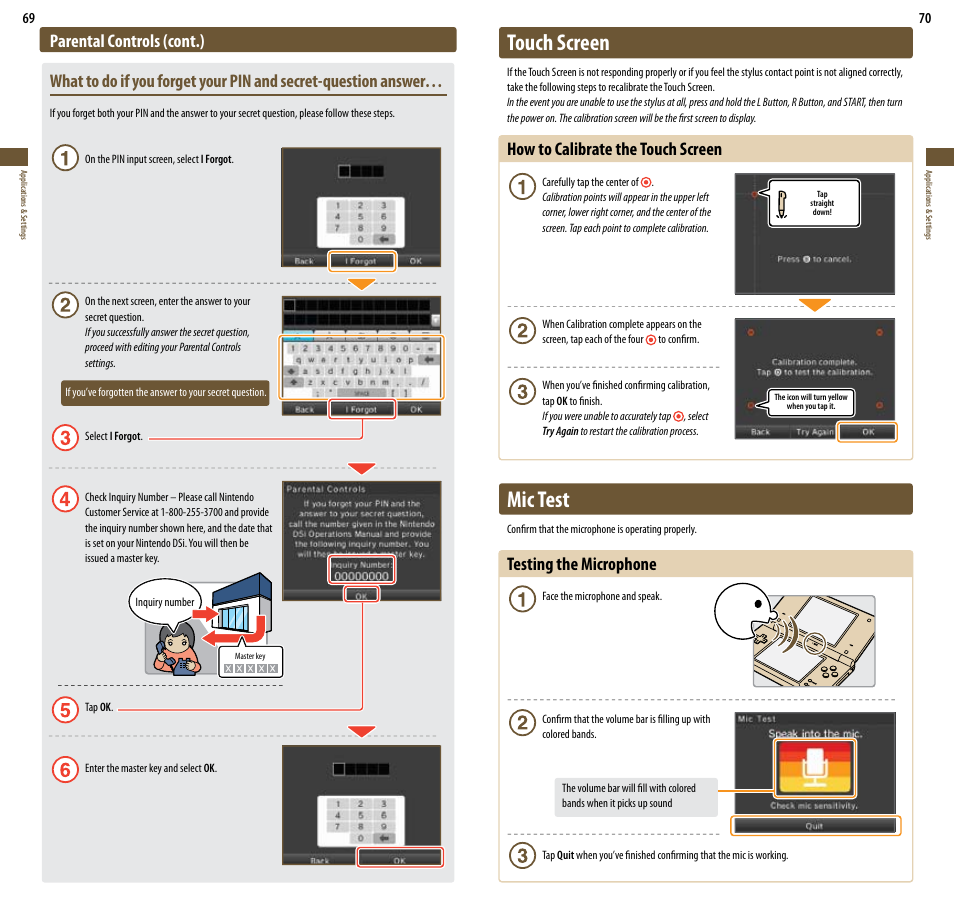 Touch screen, Mic test, How to calibrate the touch screen | Testing the microphone | Nintendo DSi User Manual | Page 36 / 55