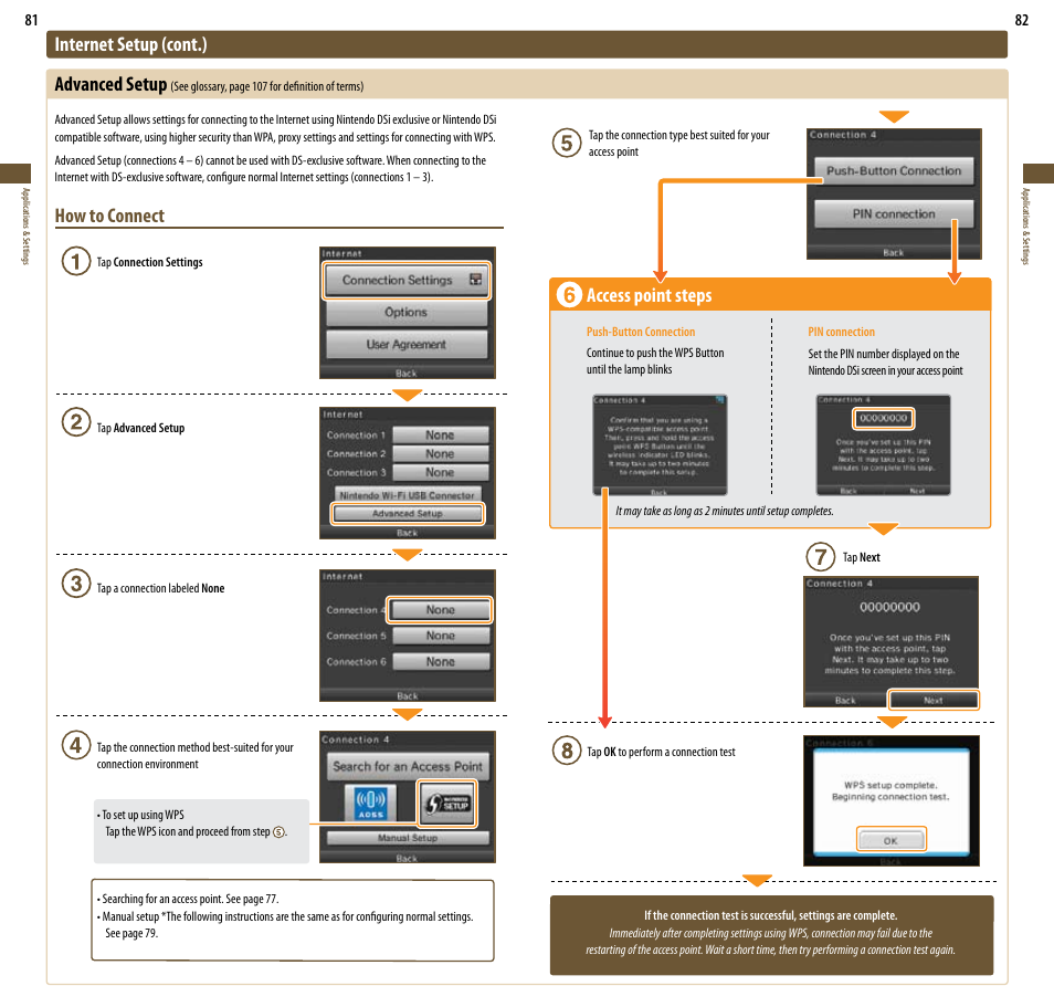 Access point steps, Internet setup (cont.) advanced setup, How to connect | Nintendo DSi User Manual | Page 42 / 55