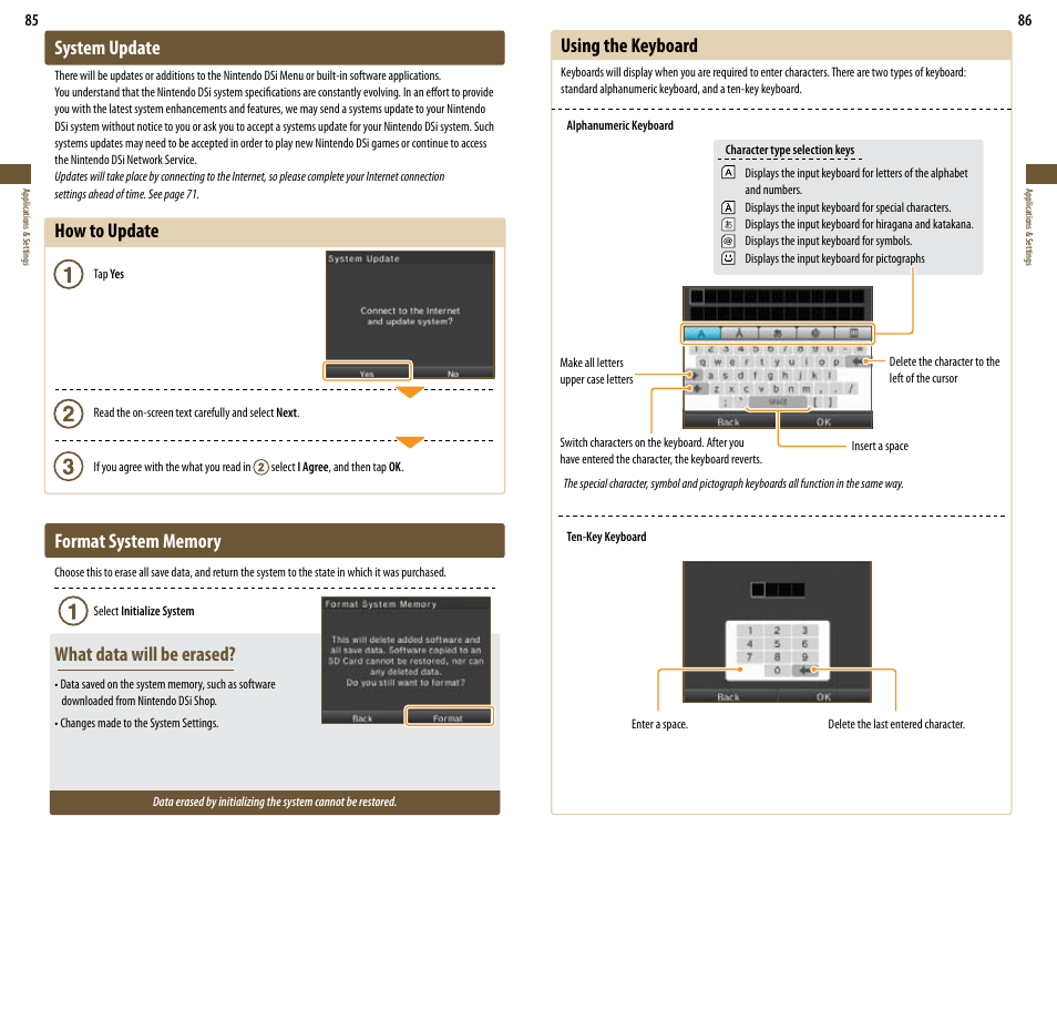 System update, How to update, What data will be erased | Using the keyboard | Nintendo DSi User Manual | Page 44 / 55