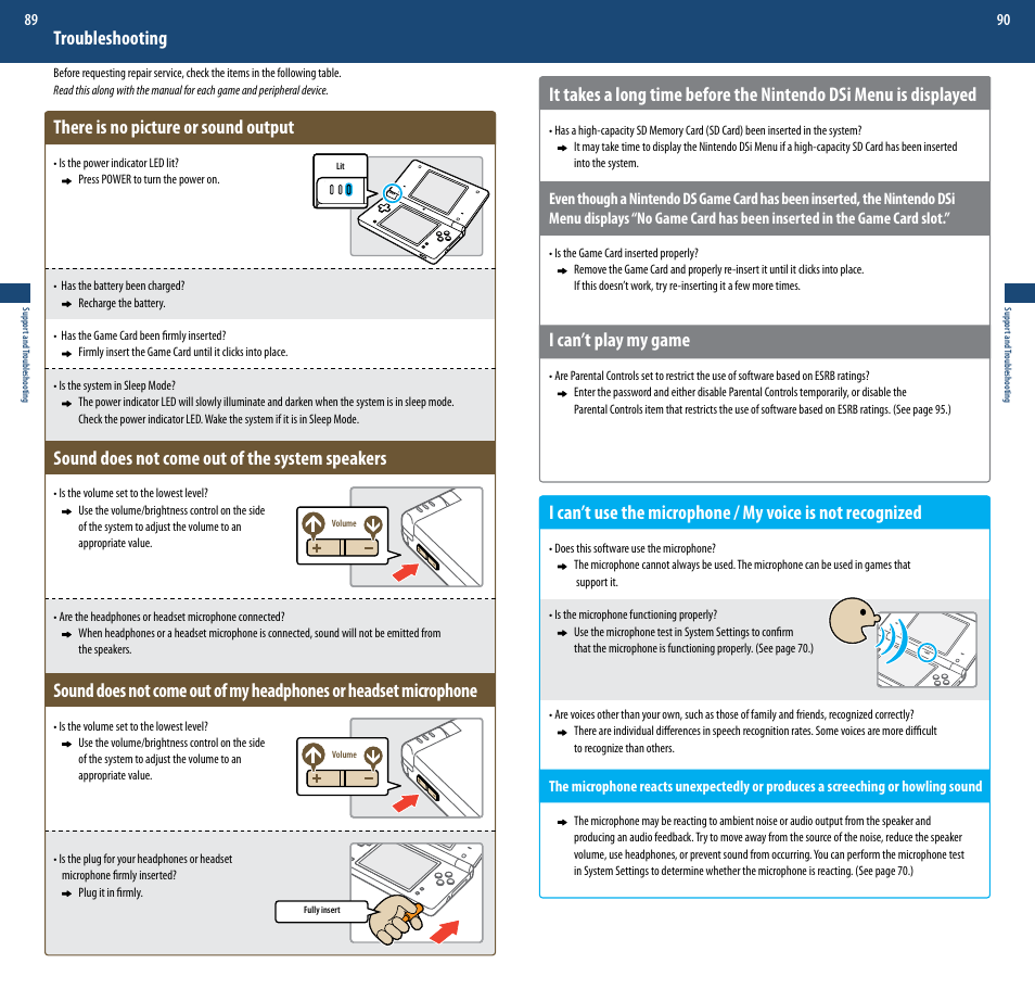 I can’t play my game, Troubleshooting, There is no picture or sound output | Sound does not come out of the system speakers | Nintendo DSi User Manual | Page 46 / 55