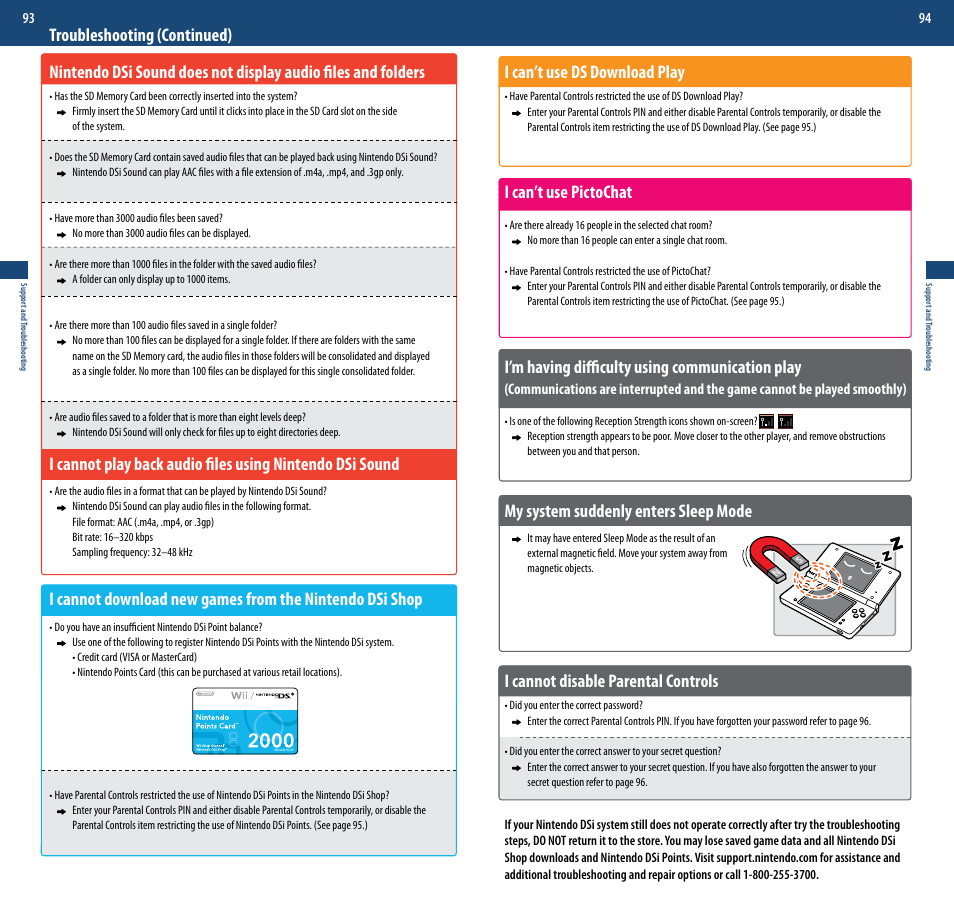 I can’t use ds download play, I can’t use pictochat, I’m having difficulty using communication play | My system suddenly enters sleep mode, I cannot disable parental controls | Nintendo DSi User Manual | Page 48 / 55