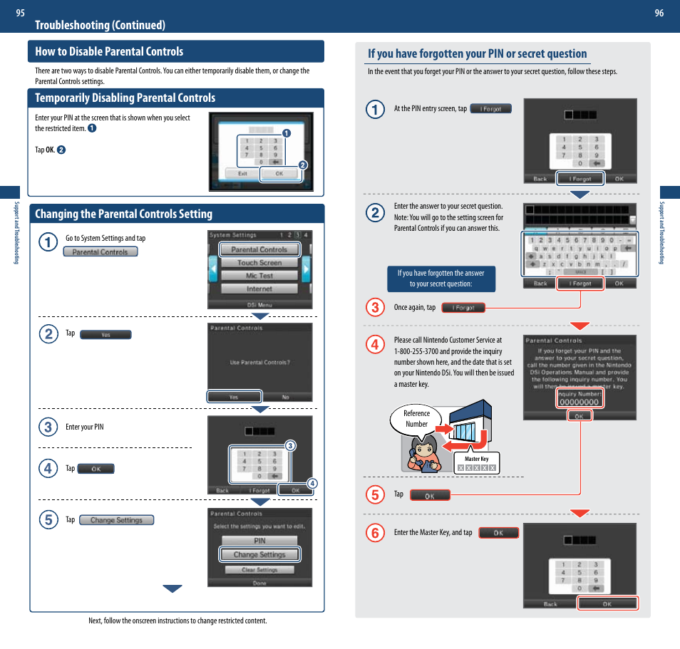 Temporarily disabling parental controls, Changing the parental controls setting, If you have forgotten your pin or secret question | Nintendo DSi User Manual | Page 49 / 55