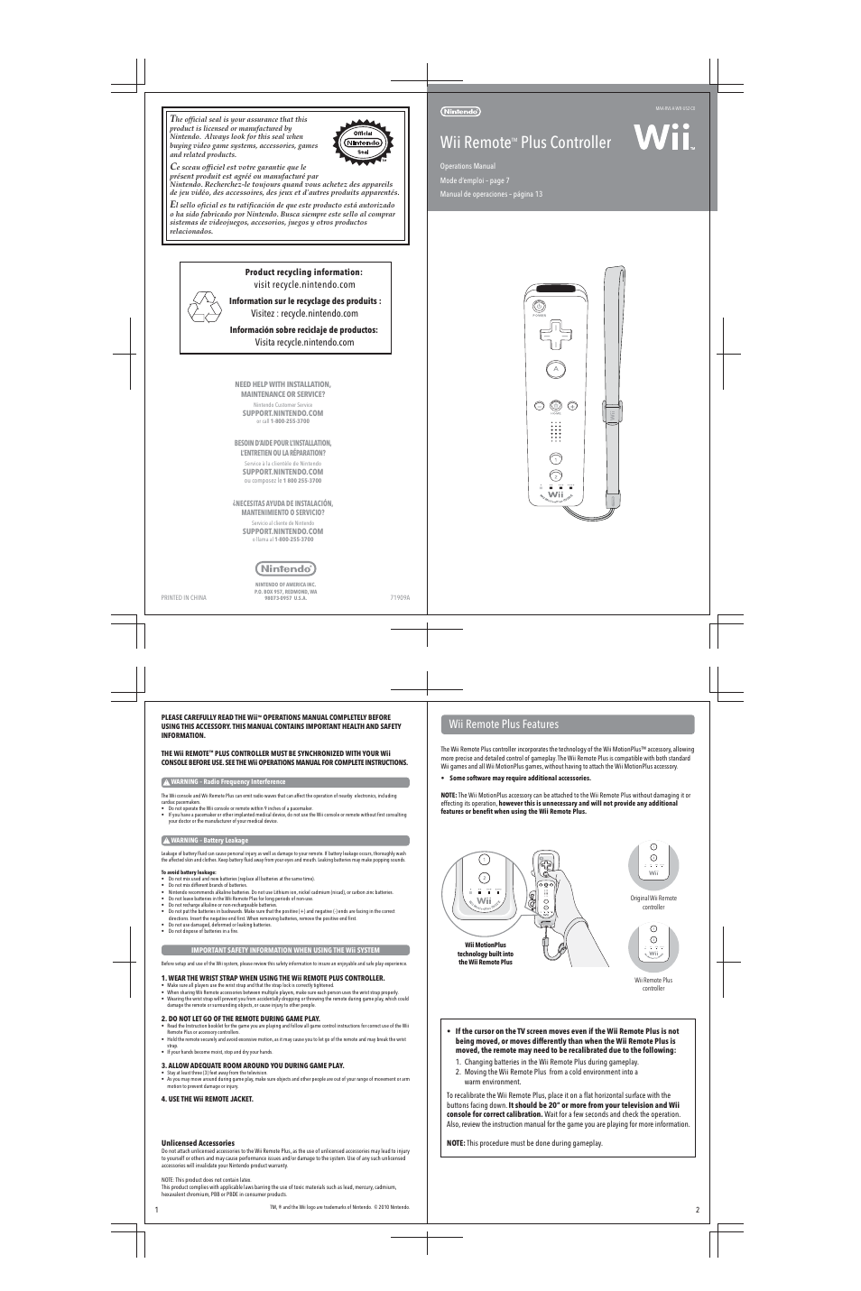 Wii remote, Plus controller, Wii remote plus features | Nintendo Wii Remote Plus MAA-RVL-A-WR-USZ-C0 User Manual | Page 2 / 4