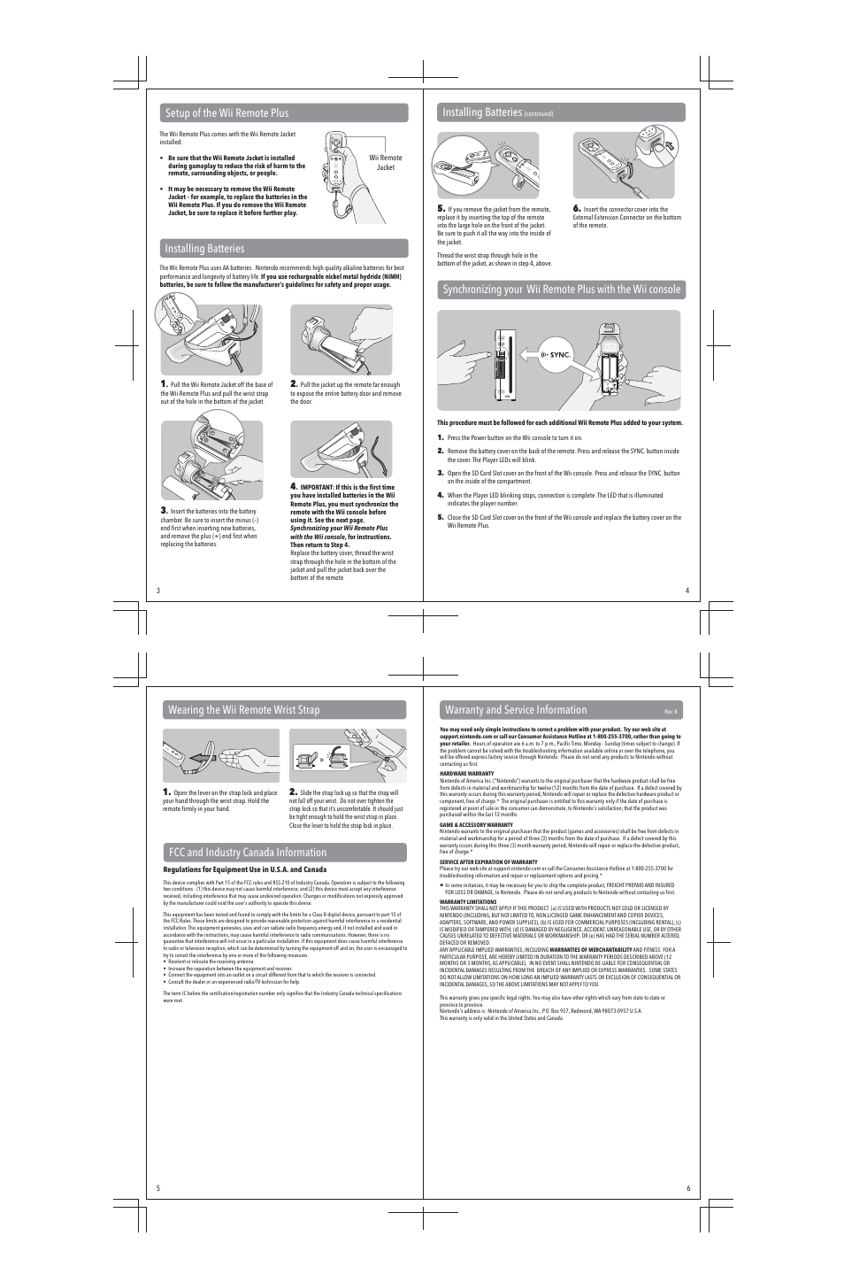 Fcc and industry canada information, Installing batteries, Installing batteries setup of the wii remote plus | Nintendo Wii Remote Plus MAA-RVL-A-WR-USZ-C0 User Manual | Page 4 / 4