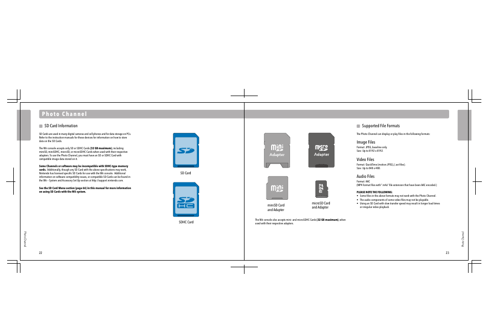 Sd card information, Supported file formats, Image files | Video files, Audio files | Nintendo Wii User Manual | Page 13 / 40