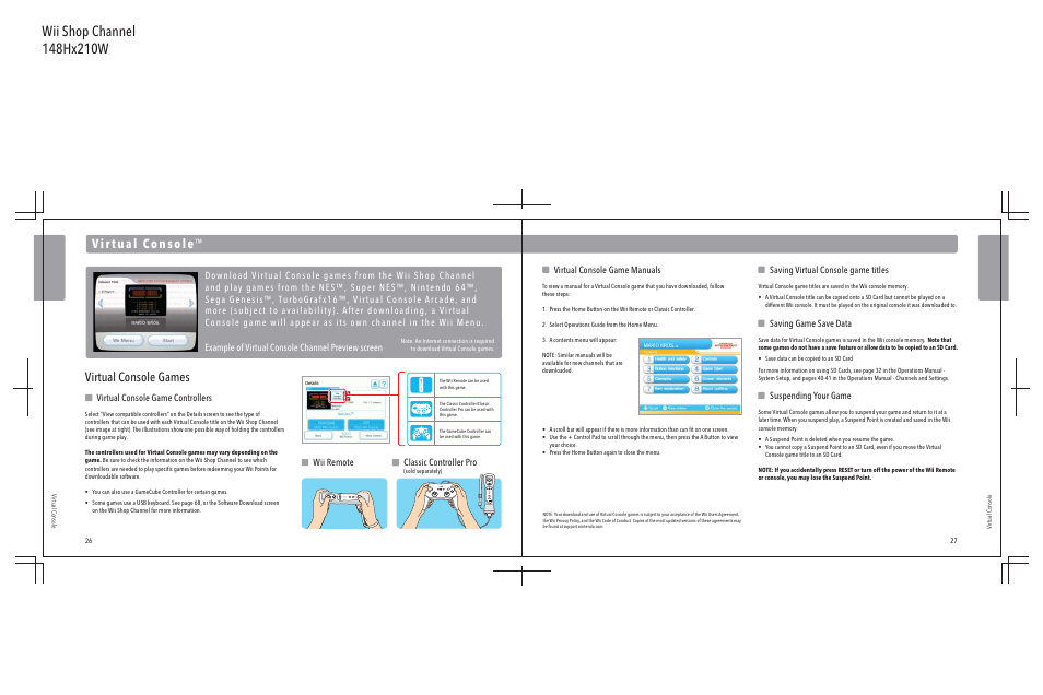 Virtual console games, Classic controller pro, Wii remote virtual console game manuals | Saving virtual console game titles, Saving game save data, Suspending your game, Virtual console game controllers | Nintendo Wii User Manual | Page 15 / 40