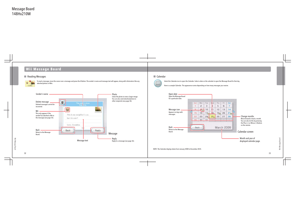 Reading messages, Calendar, Message calendar screen | Nintendo Wii User Manual | Page 18 / 40